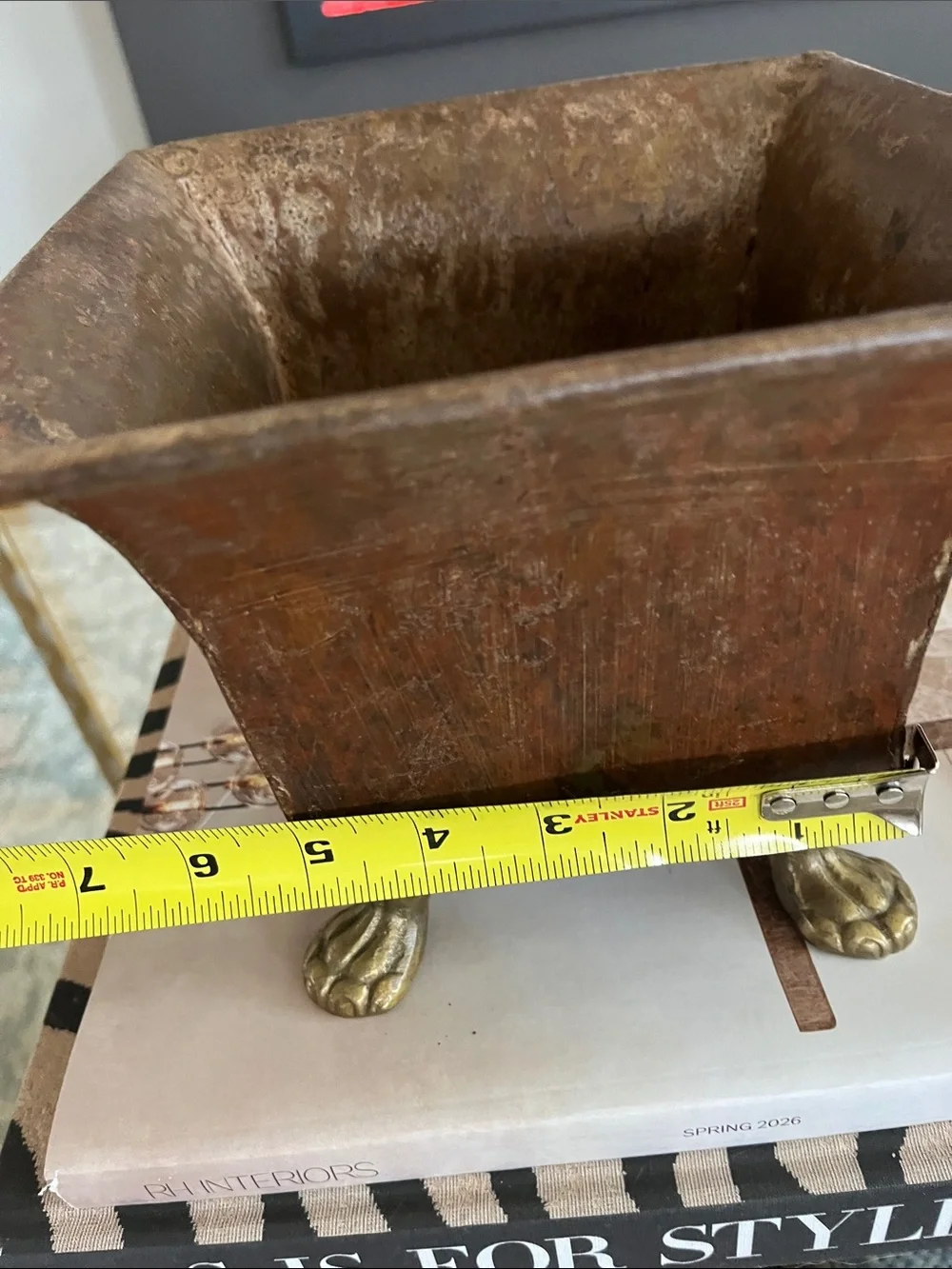 Rustic Brown Metal Planter with Brass Claw Feet